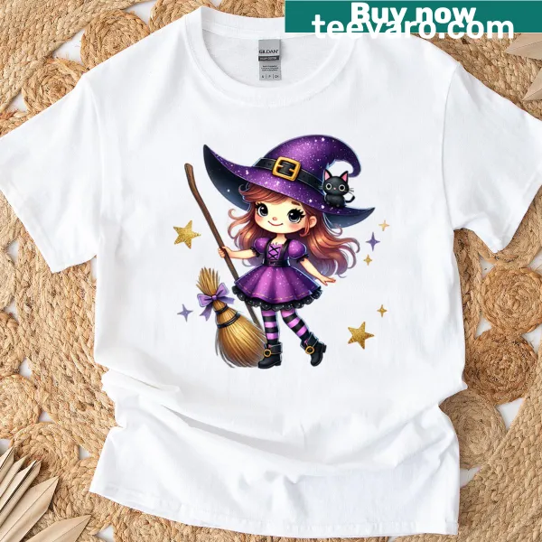 Kawaii witch illustration with magic cauldron on a children's t-shirt