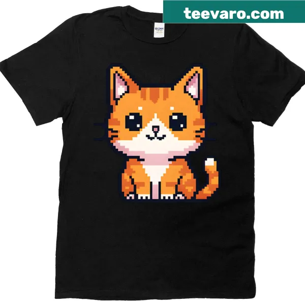 Pixel art graphic of a cute ginger cat on t-shirt