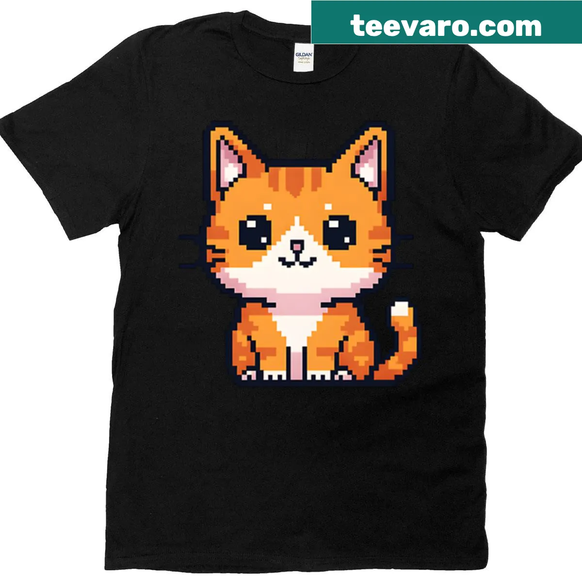 Pixel art graphic of a cute ginger cat on t-shirt — on a men's t-shirt
