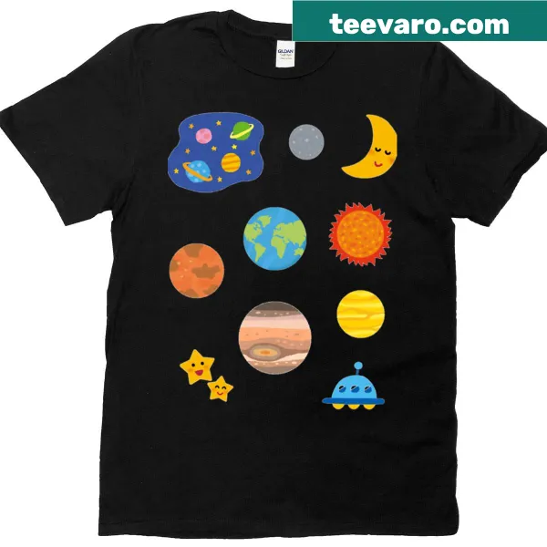 Whimsical planets graphic on Cute Planets t-shirt