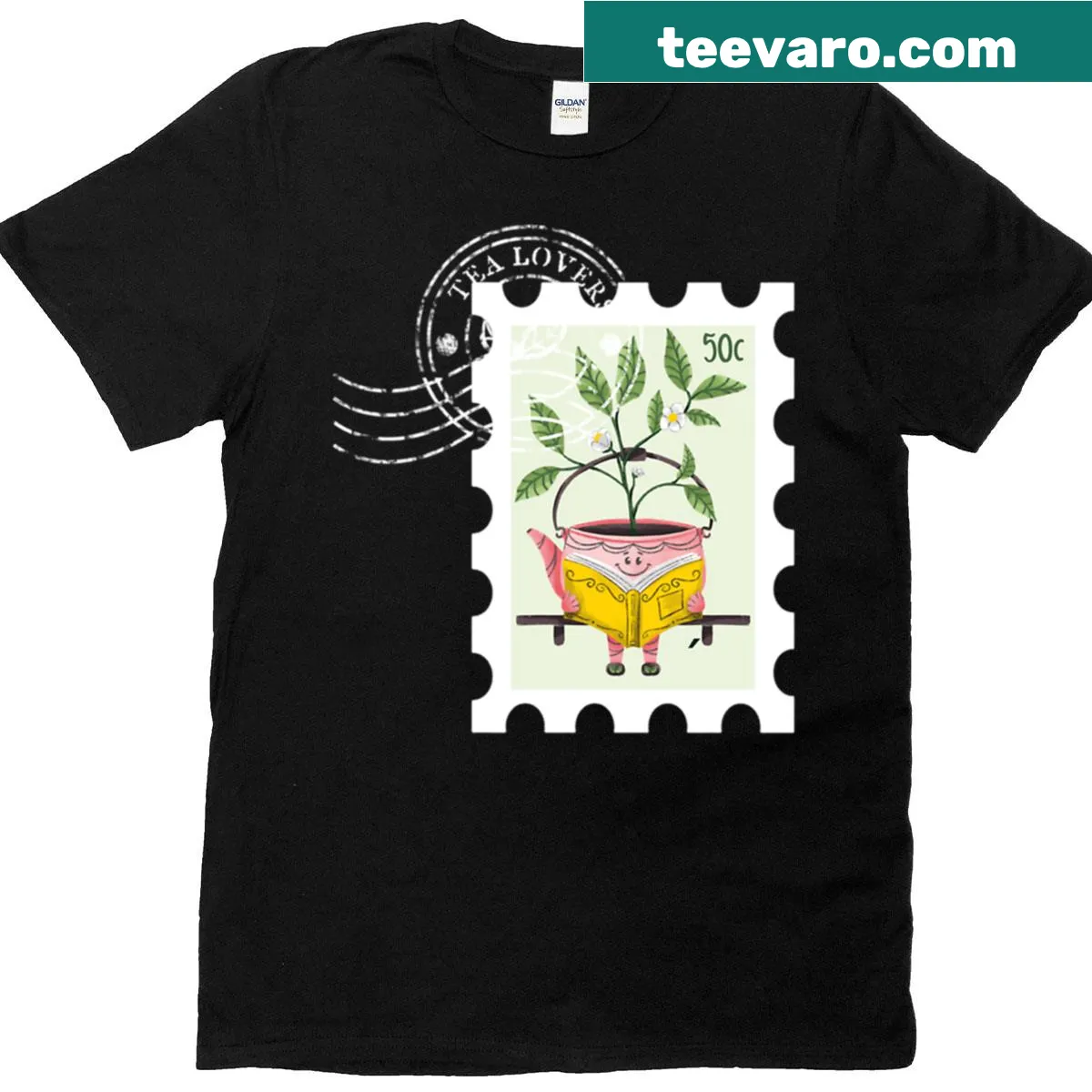 Illustration of a cute teapot reading a book on a t-shirt — on a men's t-shirt