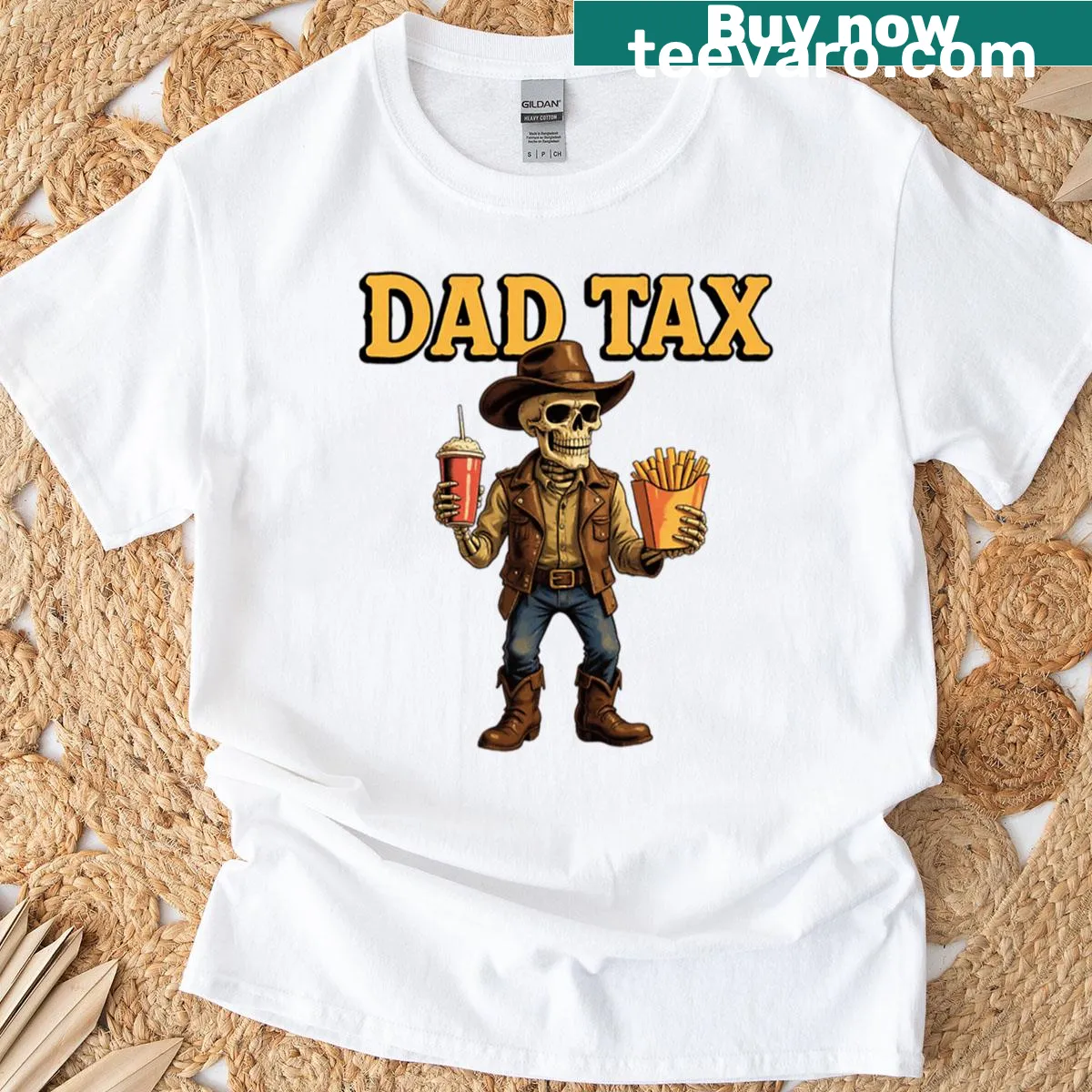 Skeleton cowboy collecting snacks t-shirt — on a men's t-shirt