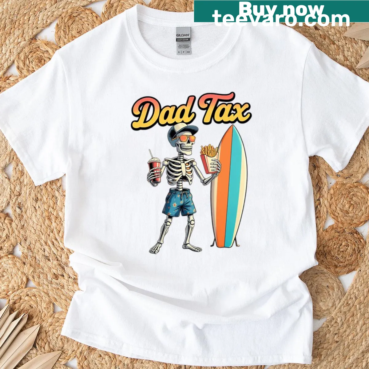 Skeleton at the beach graphic on a humorous Dad Tax t-shirt — on a men's t-shirt