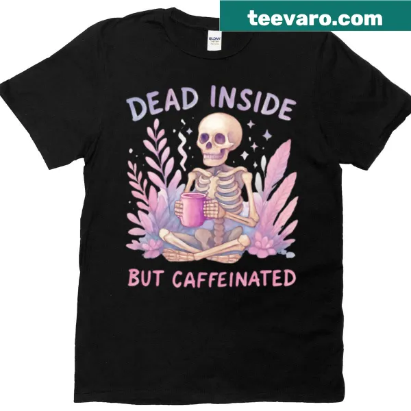 Cute pastel goth t-shirt featuring a caffeinated skeleton design