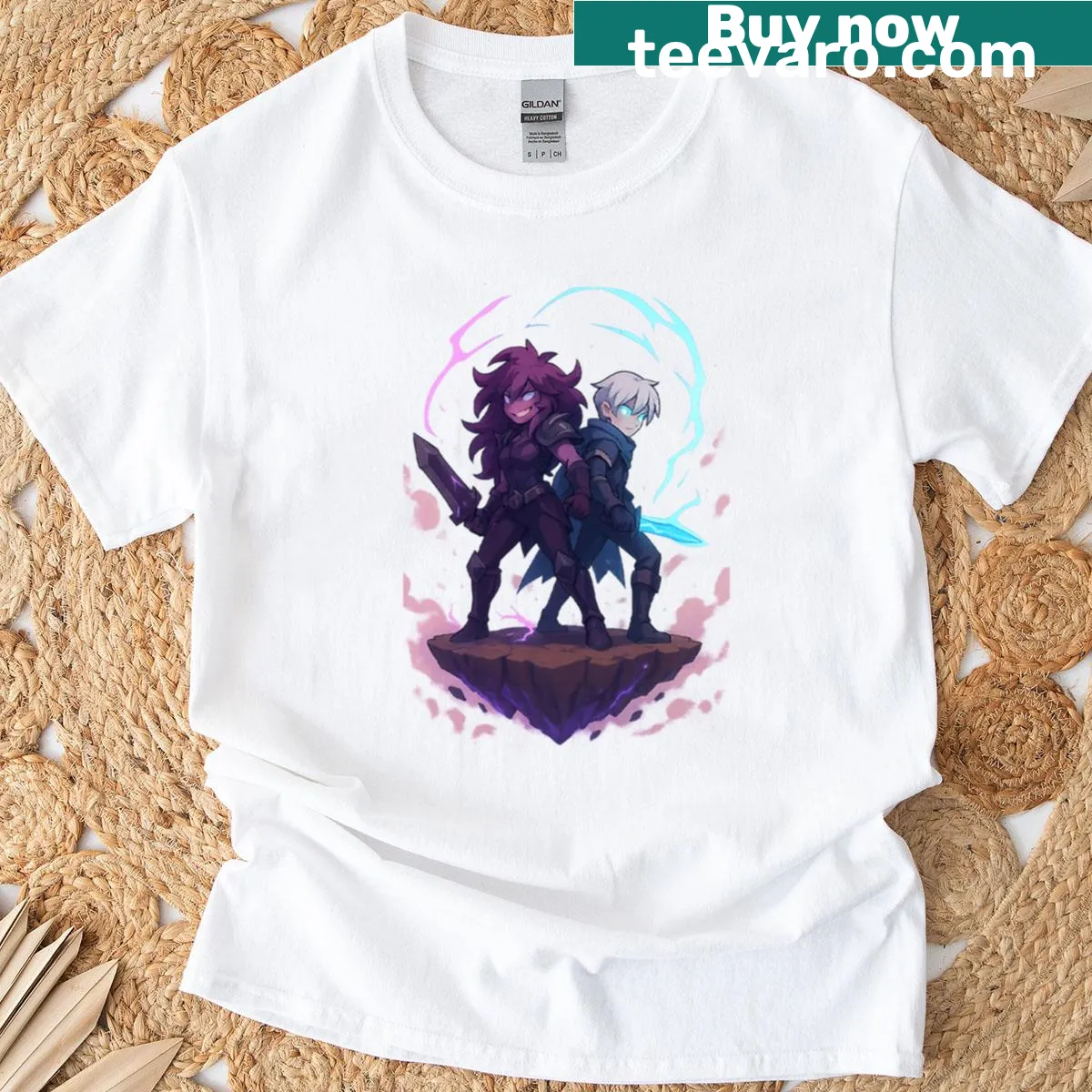 Deltarune characters Susie and Kris in action pose t-shirt — on a men's t-shirt