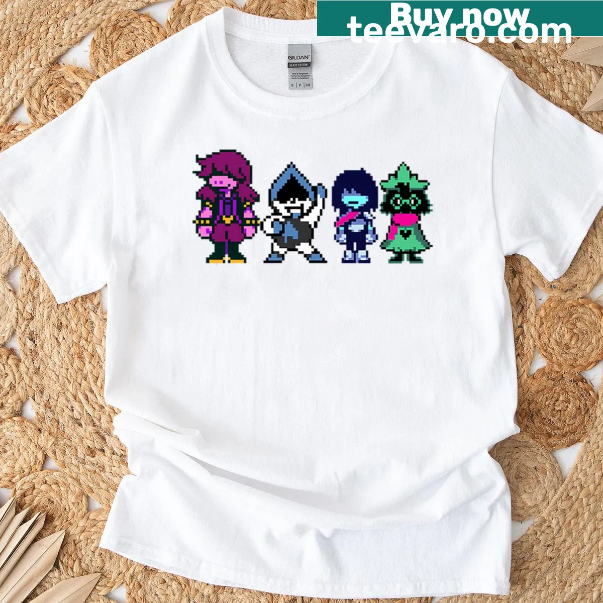 Deltarune characters Suzie, Lancer, Kriss, Rasiel on t-shirt — on a men's t-shirt
