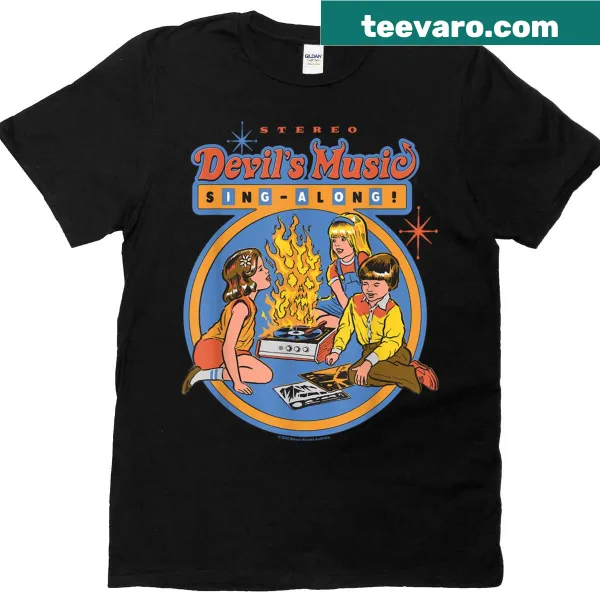 Retro vintage t-shirt with humorous devil-themed music sing-along text
