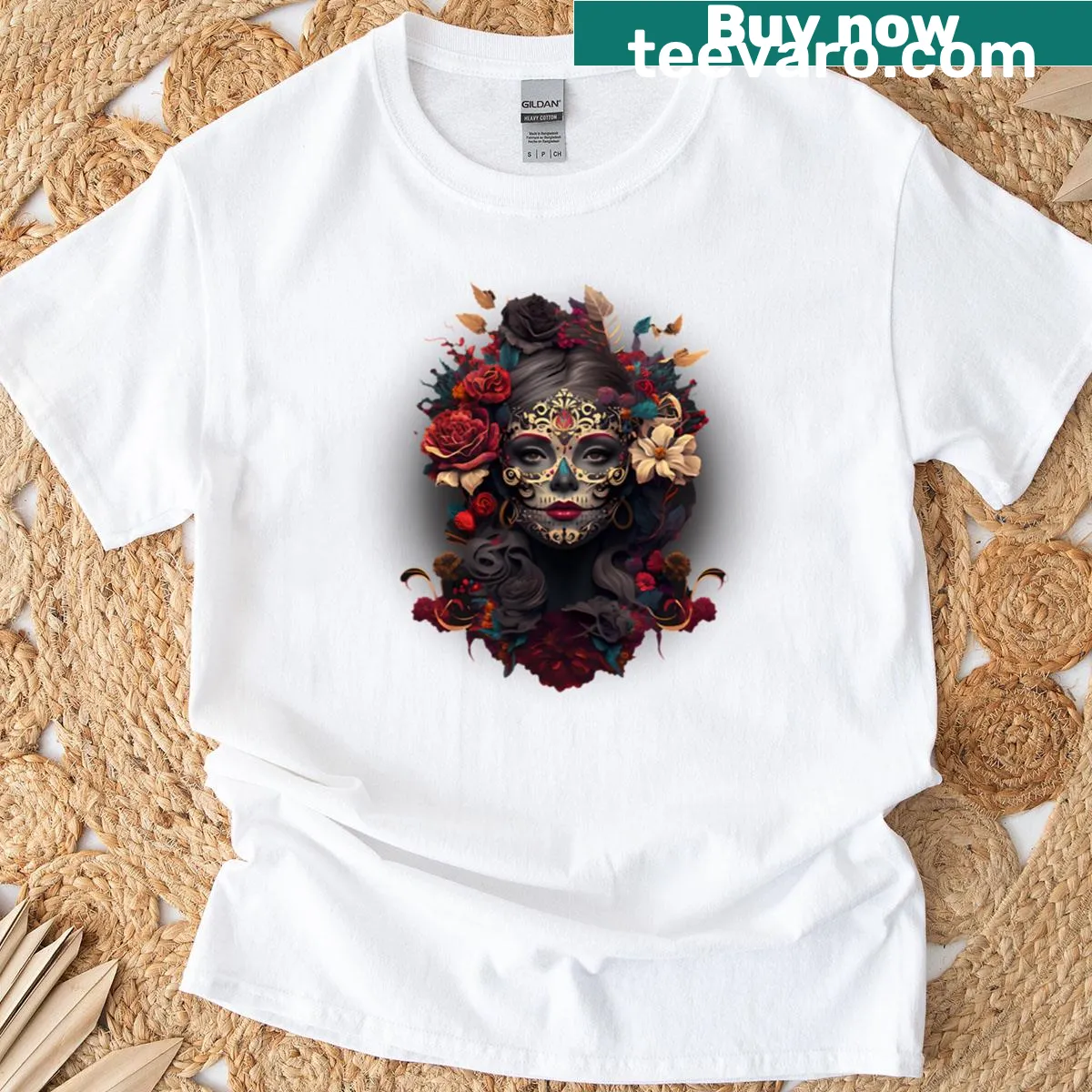 Illustration of a sugar skull woman with floral details on a T-shirt — on a men's t-shirt