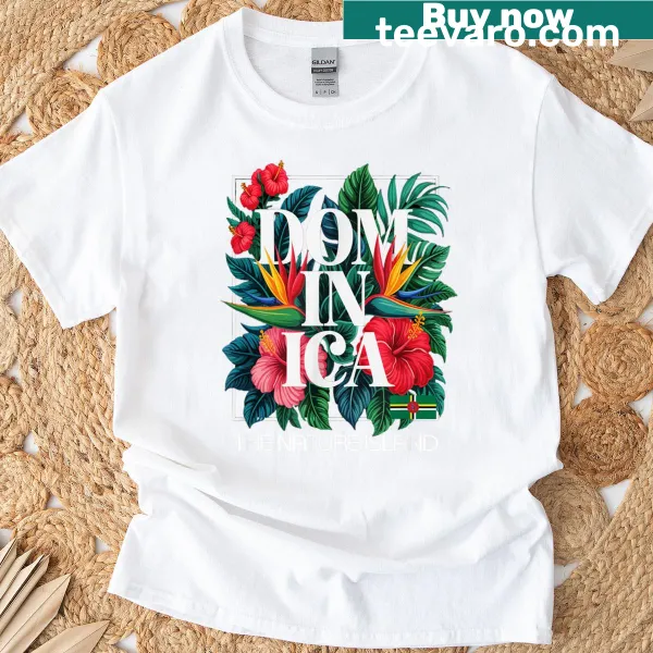 Illustration of Dominica island scenery on a travel t-shirt