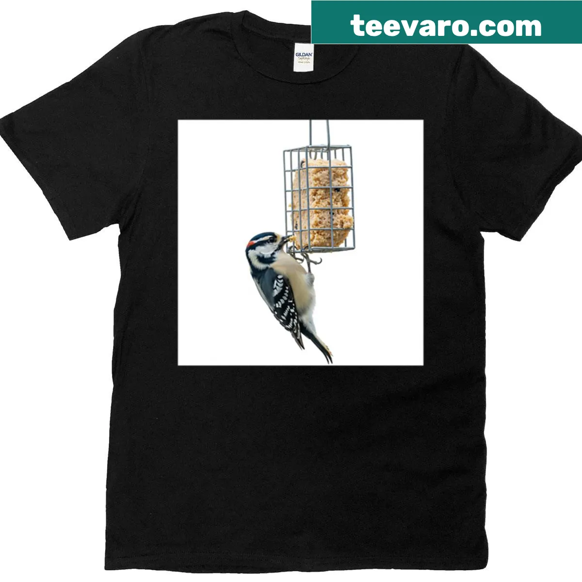 Illustration of a downy woodpecker on a suet feeder T-shirt. — on a men's t-shirt