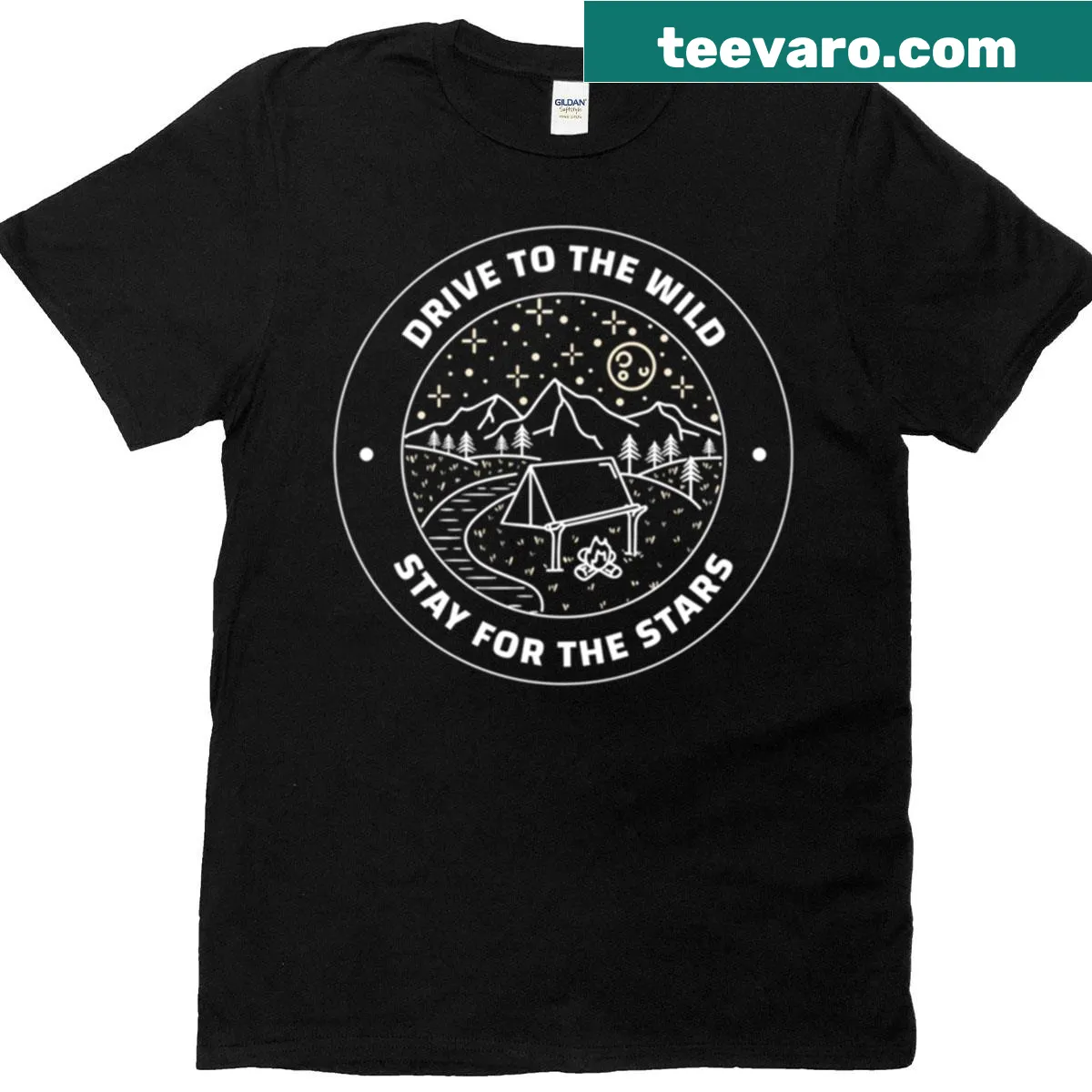 Graphic design encouraging outdoor adventures and starry nights — on a men's t-shirt