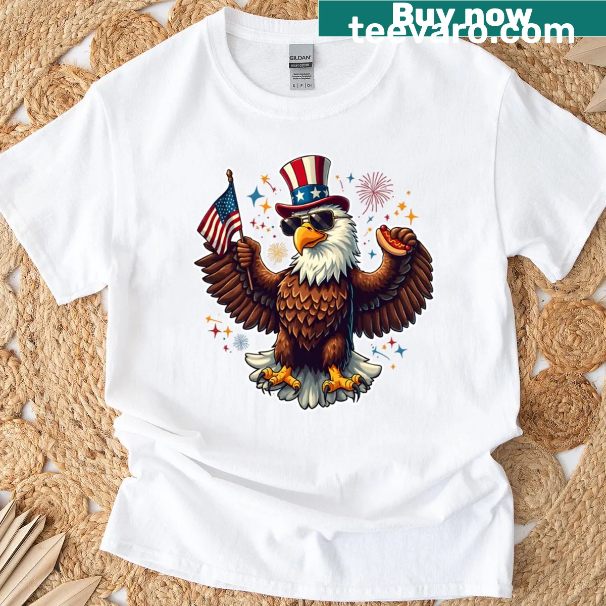 Cartoon bald eagle t-shirt celebrating patriotism — on a men's t-shirt