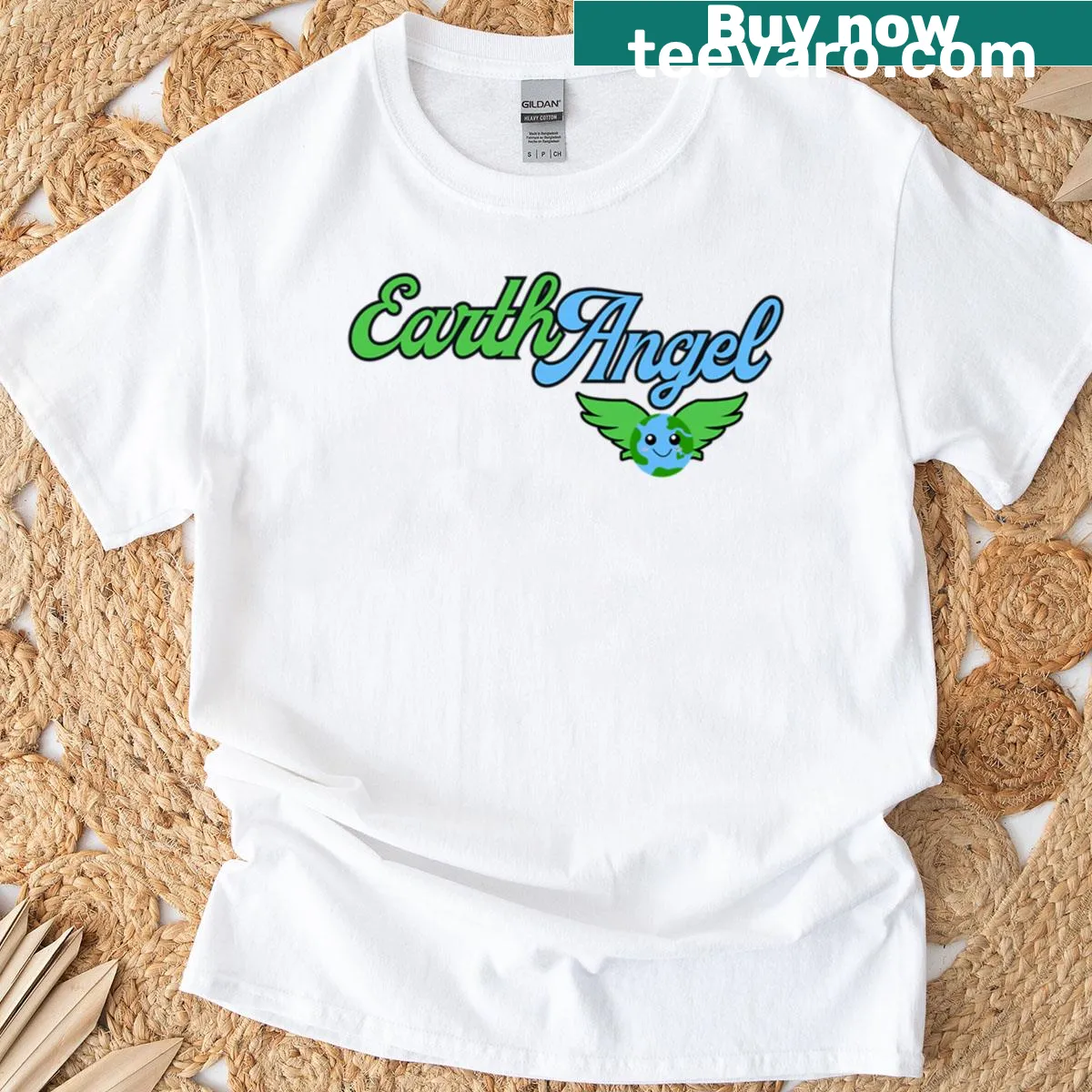 T-shirt featuring an illustration of an angel surrounded by nature — on a men's t-shirt
