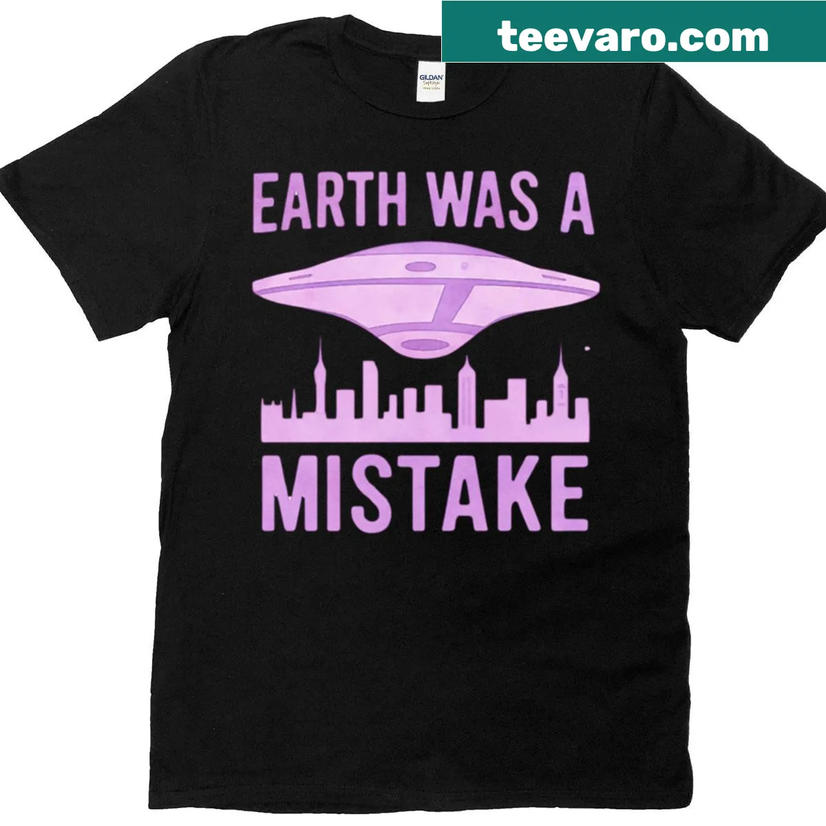 Playful UFO graphic with the phrase 'Earth Was A Mistake' — on a men's t-shirt