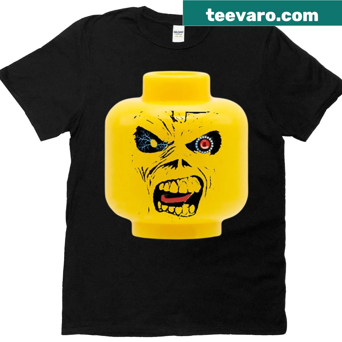 Cartoon design of Eddie the Brickhead on a t-shirt — on a men's t-shirt