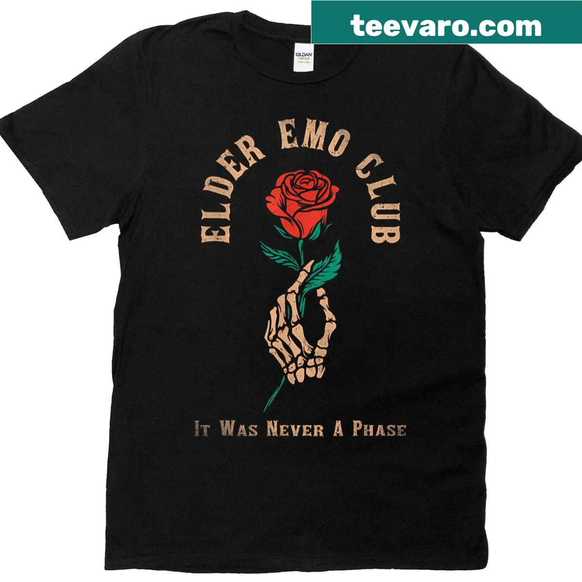Text design 'Elder Emo Club' on an emo-themed T-shirt — on a men's t-shirt