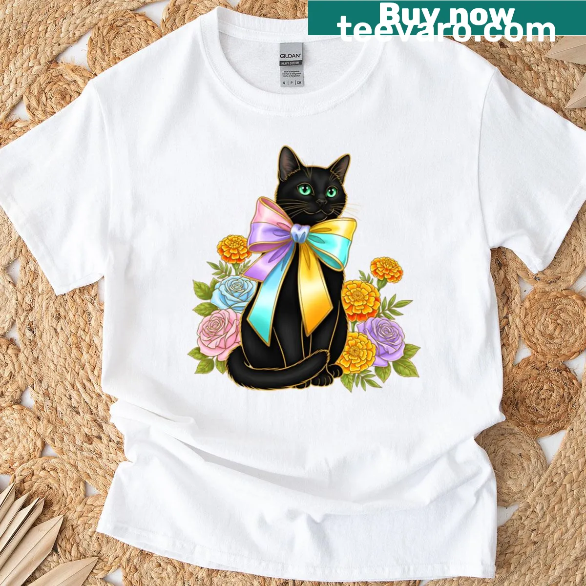 Elegant black cat with rainbow bow graphic t-shirt — on a men's t-shirt