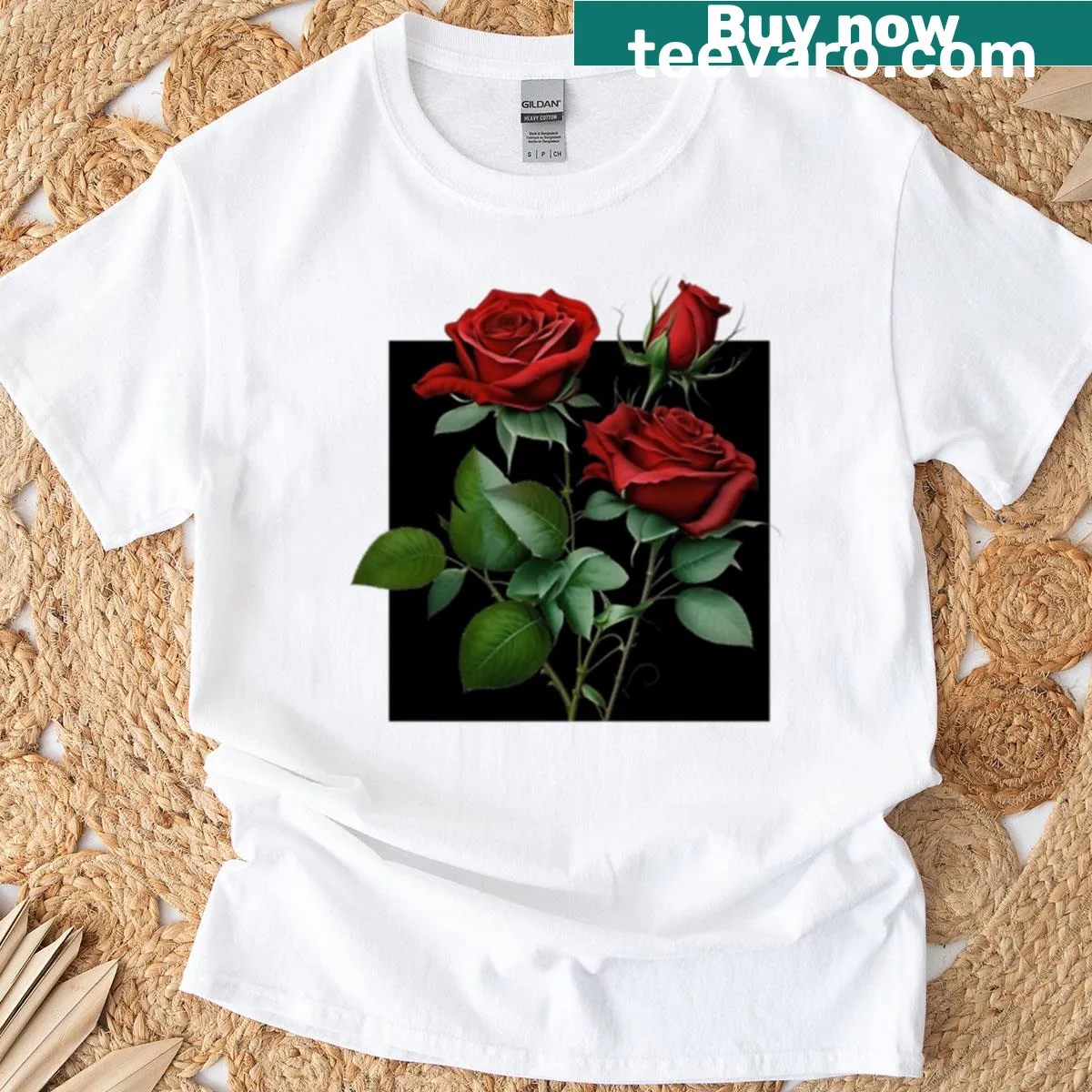 Botanical art t-shirt featuring elegant red roses illustration. — on a men's t-shirt