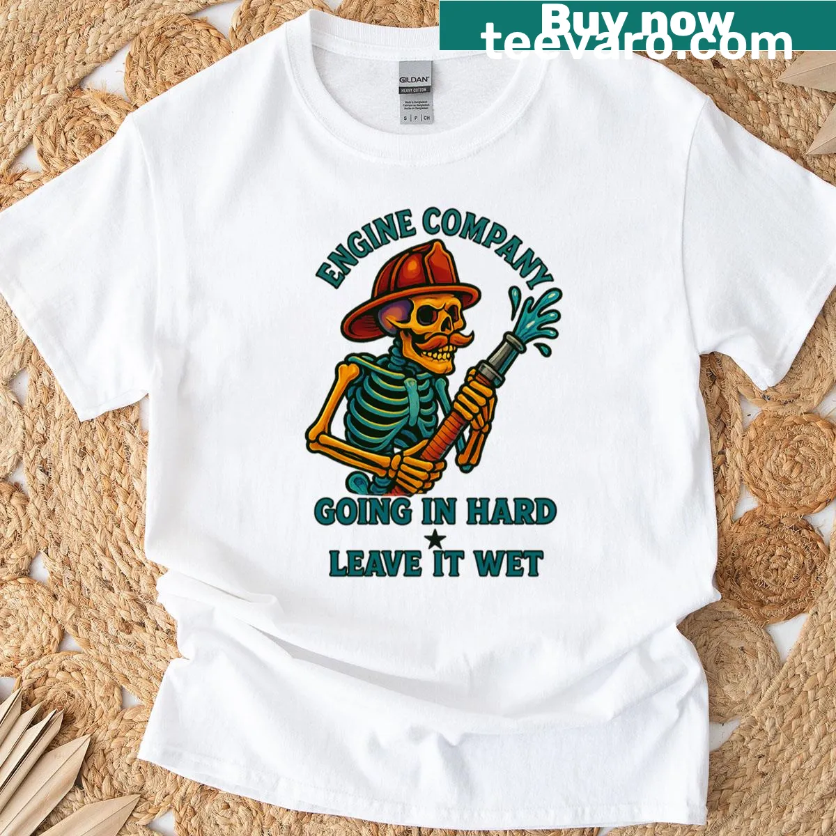 Illustrative t-shirt with 'Going In Hard' related to firefighting. — on a men's t-shirt