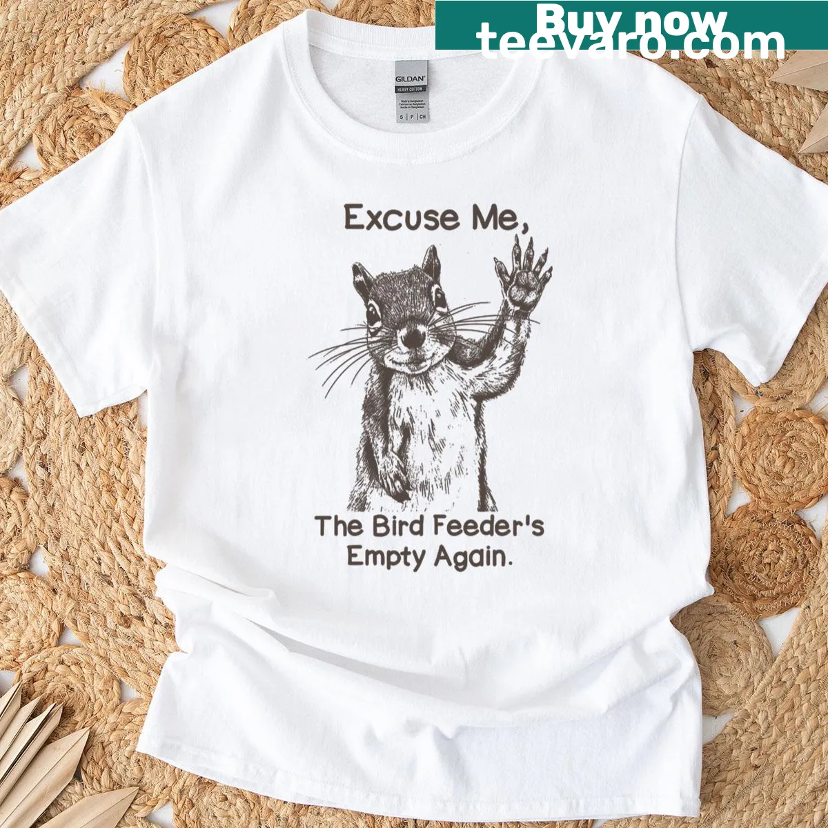 Funny squirrel t-shirt with humorous text about bird feeder — on a men's t-shirt
