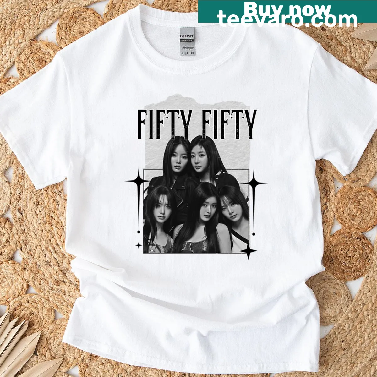 Vintage-style T-shirt with a Kpop girl group scrapbook collage — on a men's t-shirt