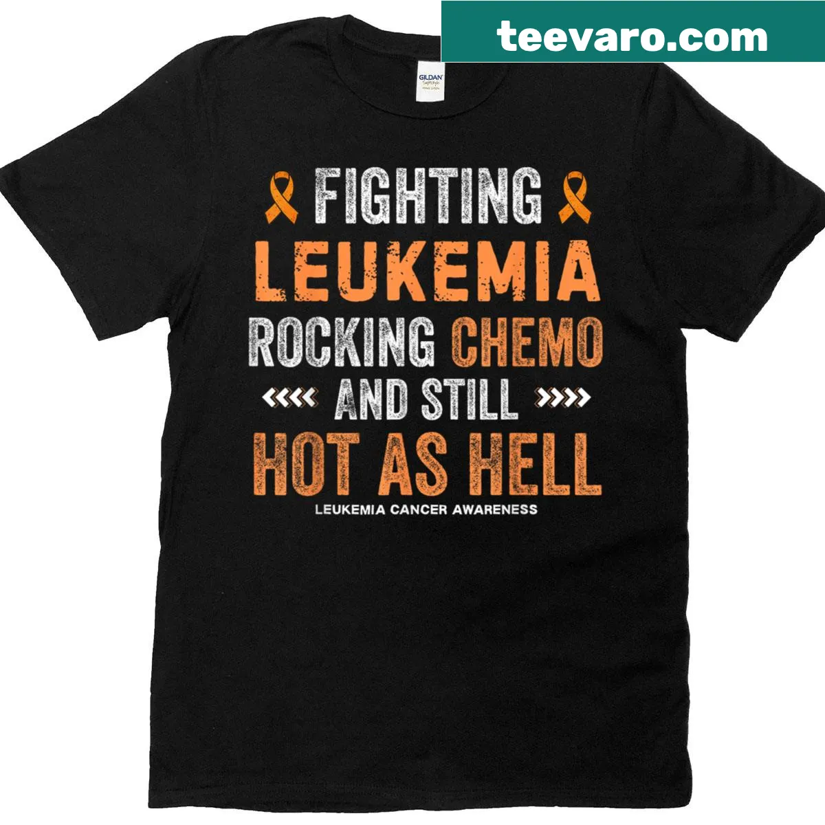 Text tee that says 'Fighting Leukemia Rocking Chemo Survivor' — on a men's t-shirt
