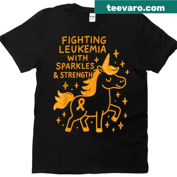 Unicorn with sparkles symbolizing leukemia awareness on a T-shirt
