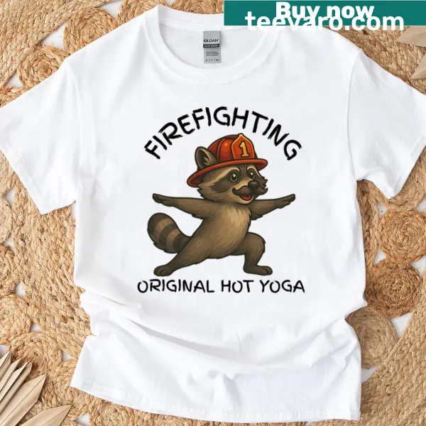 Bold illustrated T-shirt combining firefighting and hot yoga themes