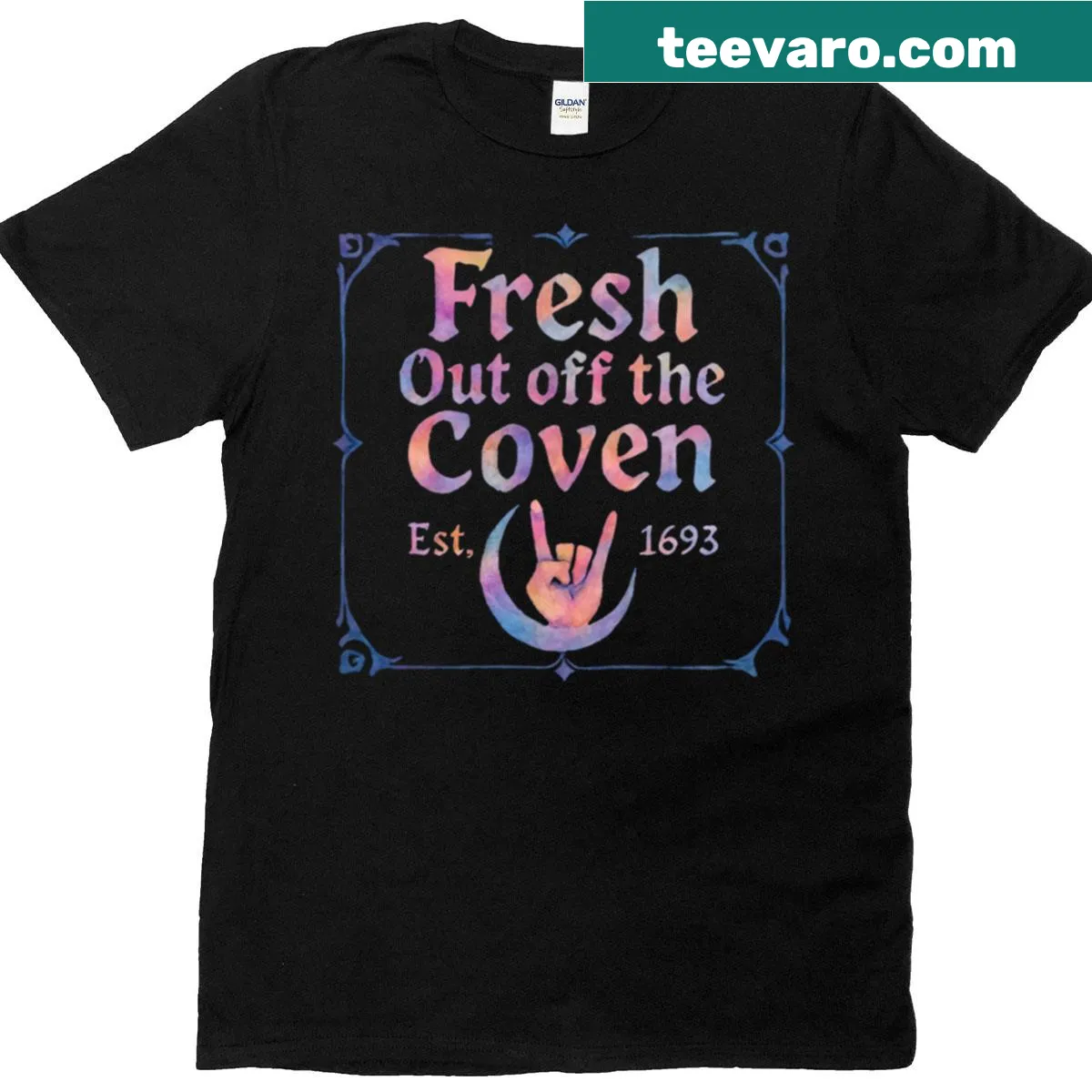Cartoon witch graphic on a Halloween-themed t-shirt — on a men's t-shirt
