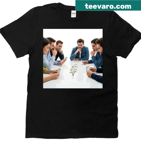Playful design of friends playing dominoes on a T-shirt.