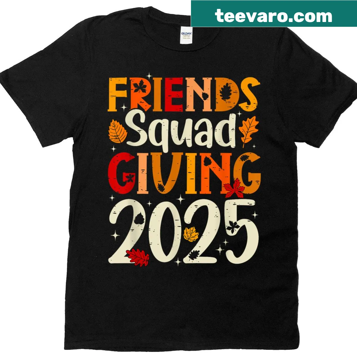 Thanksgiving t-shirt with autumn leaves and Friends Squad Giving text — on a men's t-shirt
