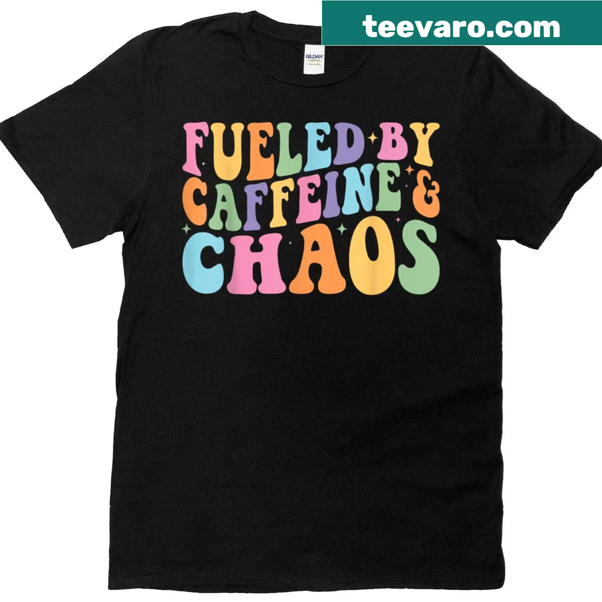 Retro design with text Fueled By Caffeine And Chaos — on a men's t-shirt