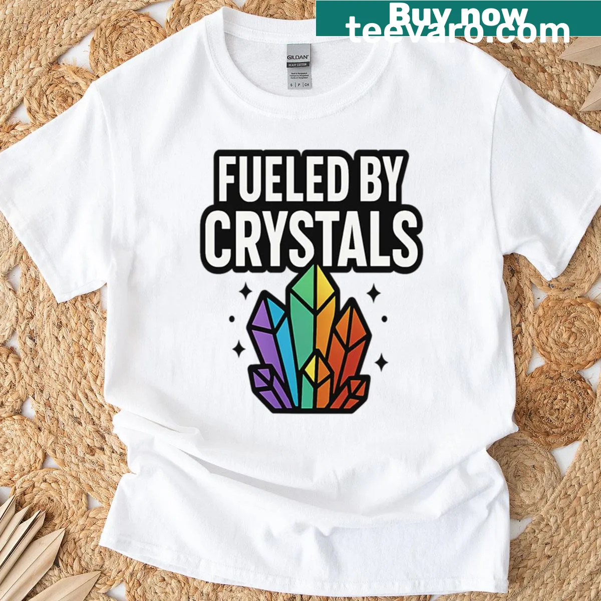 Playful crystal-themed t-shirt with whimsical graphics — on a men's t-shirt