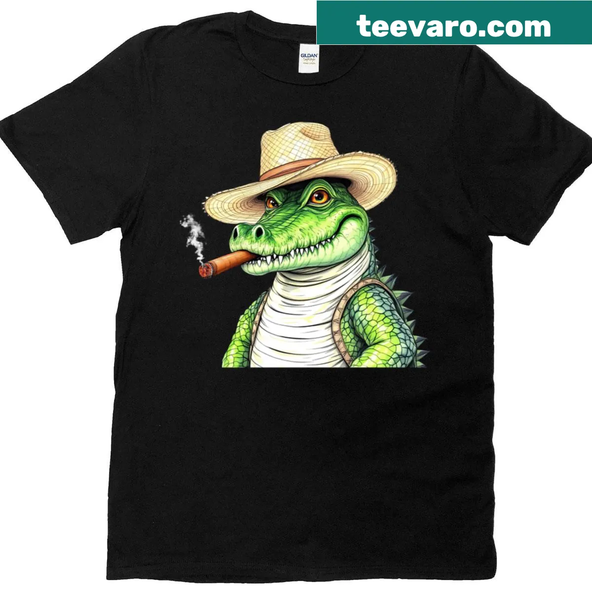 Funny T-shirt featuring a cartoon alligator with a hat and cigar — on a men's t-shirt