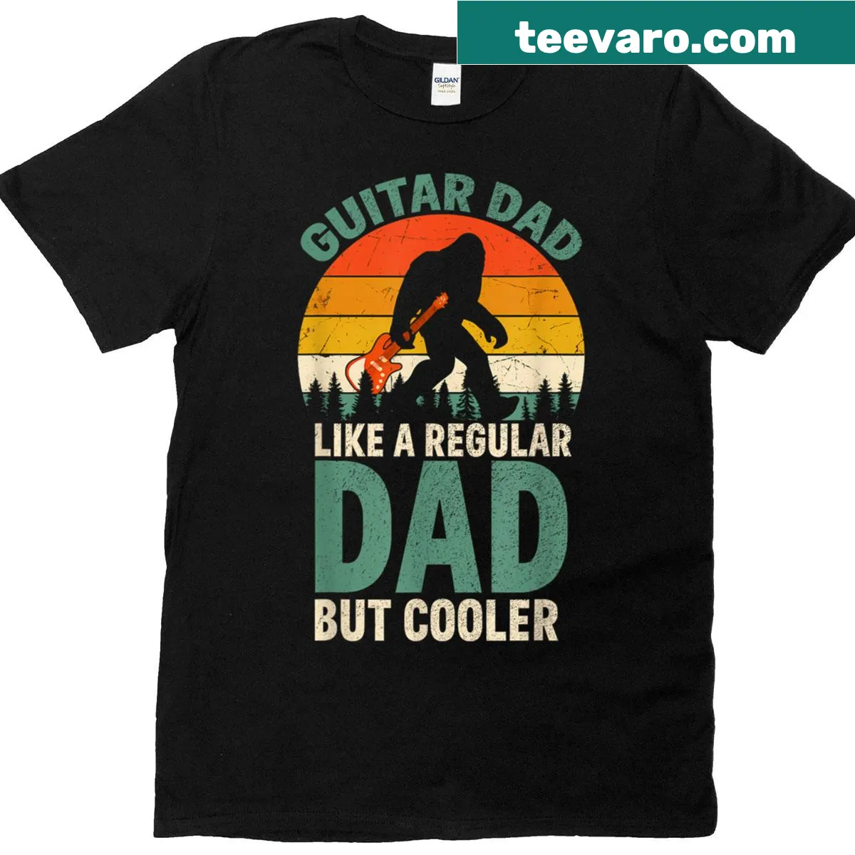 Funny T-shirt with cartoon Bigfoot playing guitar for music-loving dads — on a men's t-shirt