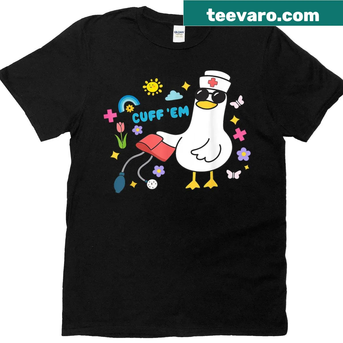 Funny nurse tee with cartoon goose and Cuff Em Goose text — on a men's t-shirt