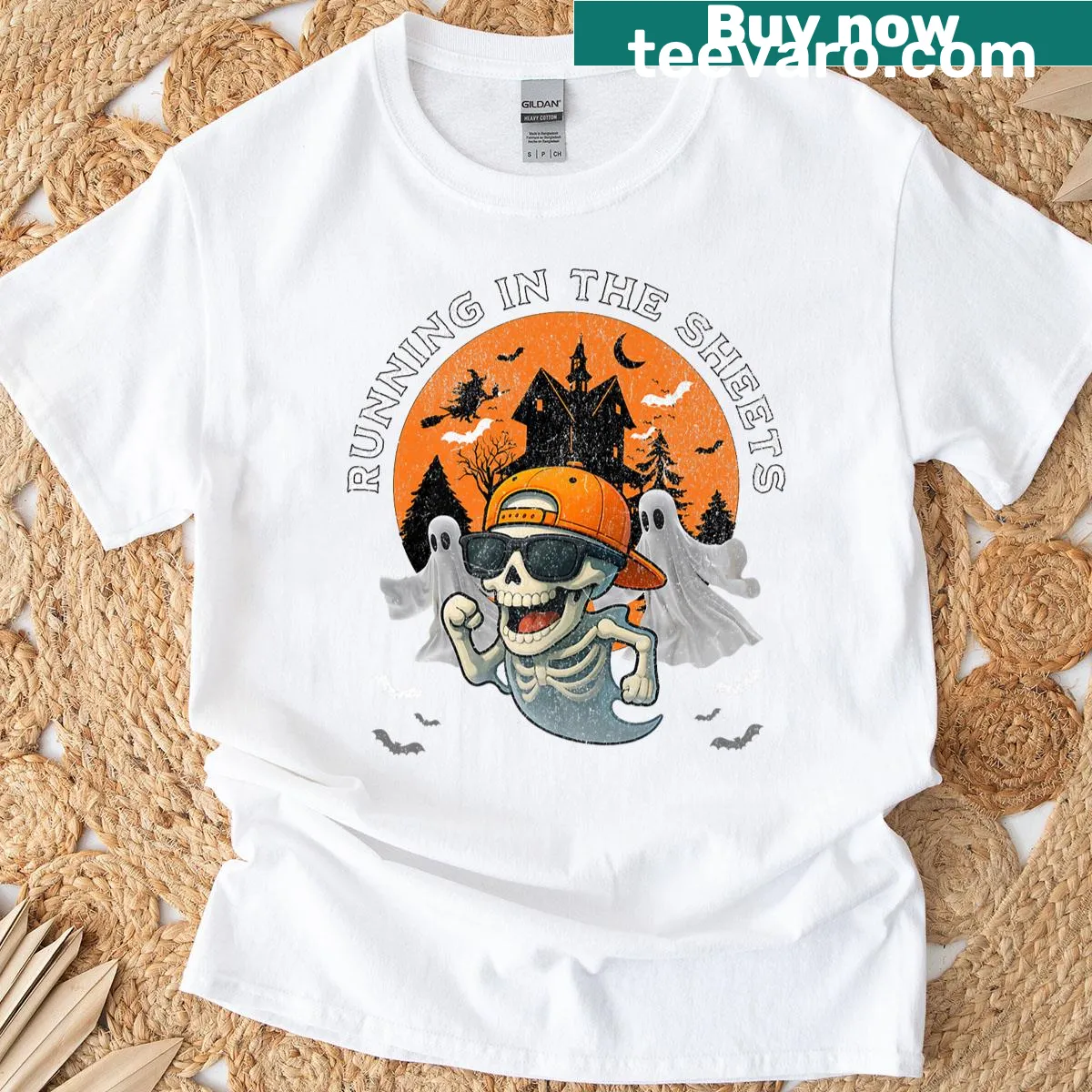 Funny Halloween t-shirt with an urban skeleton boy design — on a men's t-shirt