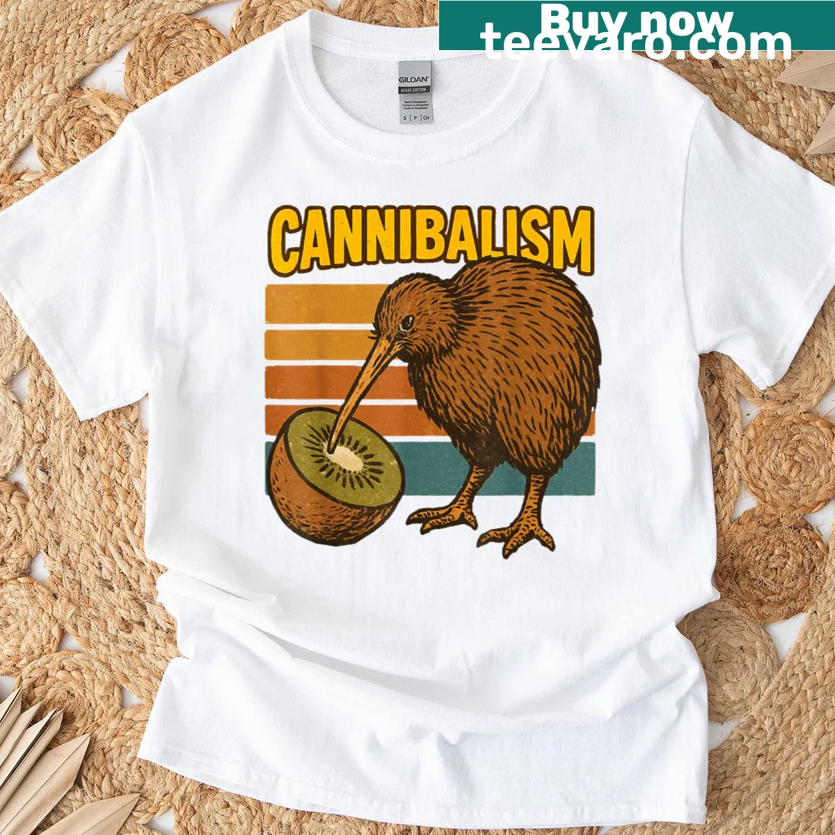 Retro dad joke t-shirt featuring a kiwi bird eating a kiwi fruit. — on a men's t-shirt