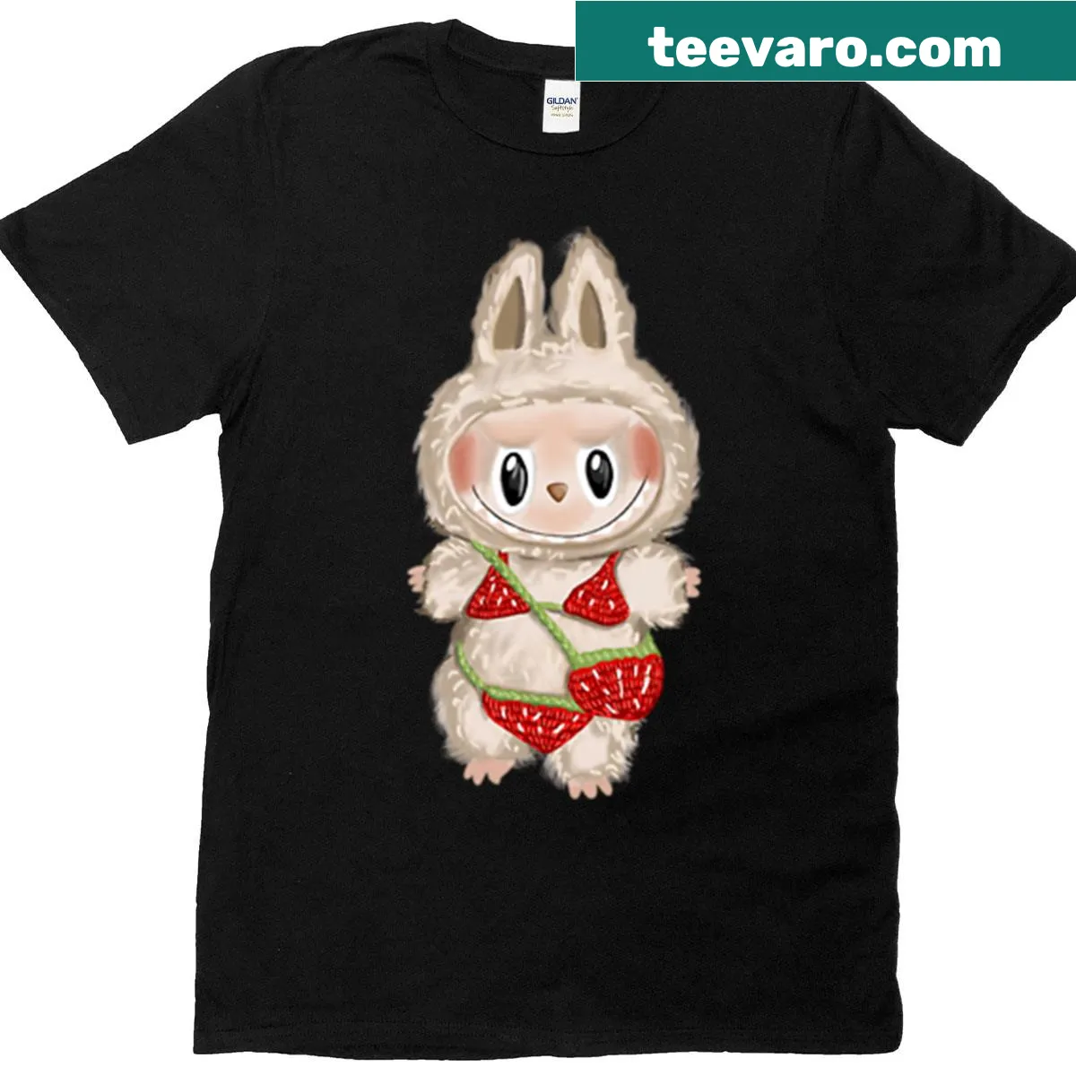 Cute Labubu character in bikini t-shirt for summer fun — on a men's t-shirt
