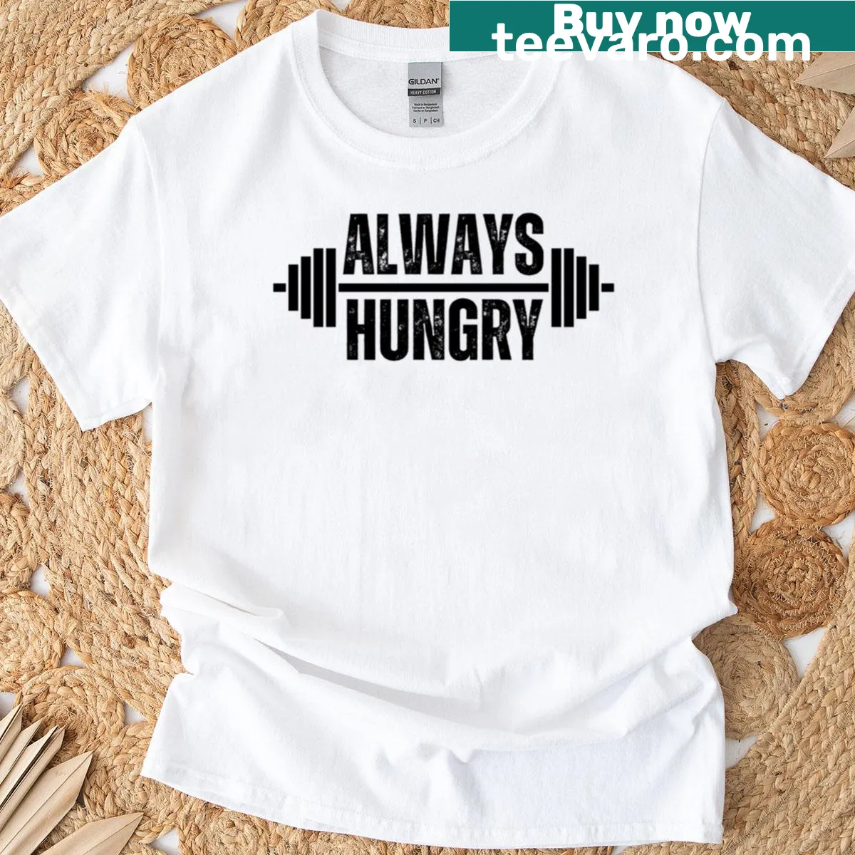 Funny weightlifter t-shirt with 'Always Hungry' joke text. — on a men's t-shirt