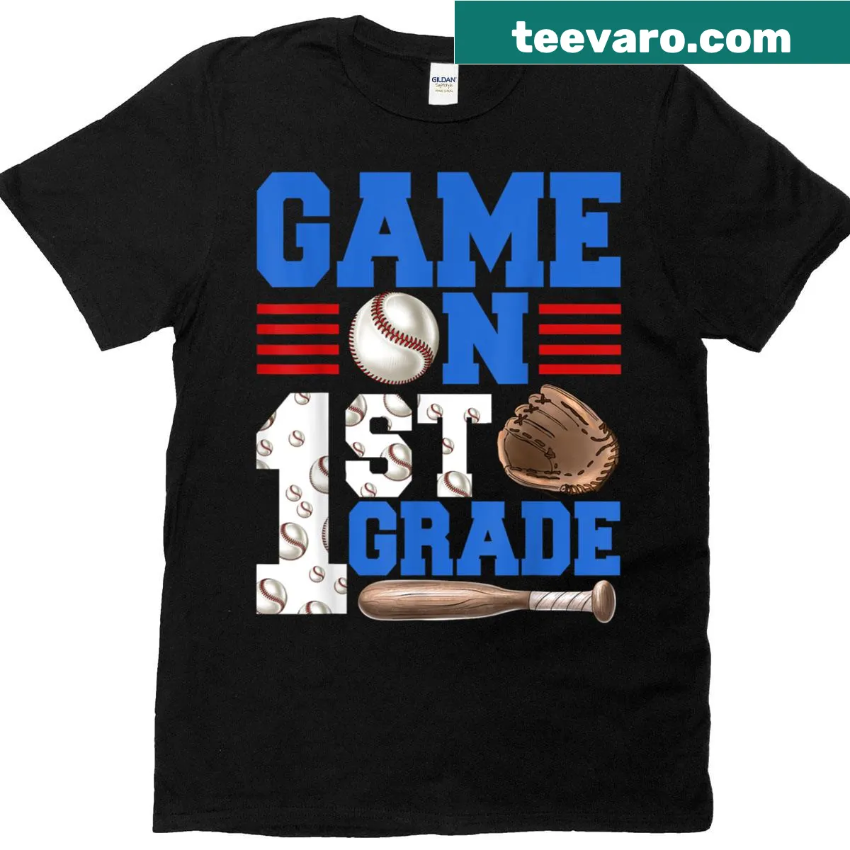 T-shirt for first graders featuring Game On text with a baseball theme. — on a men's t-shirt