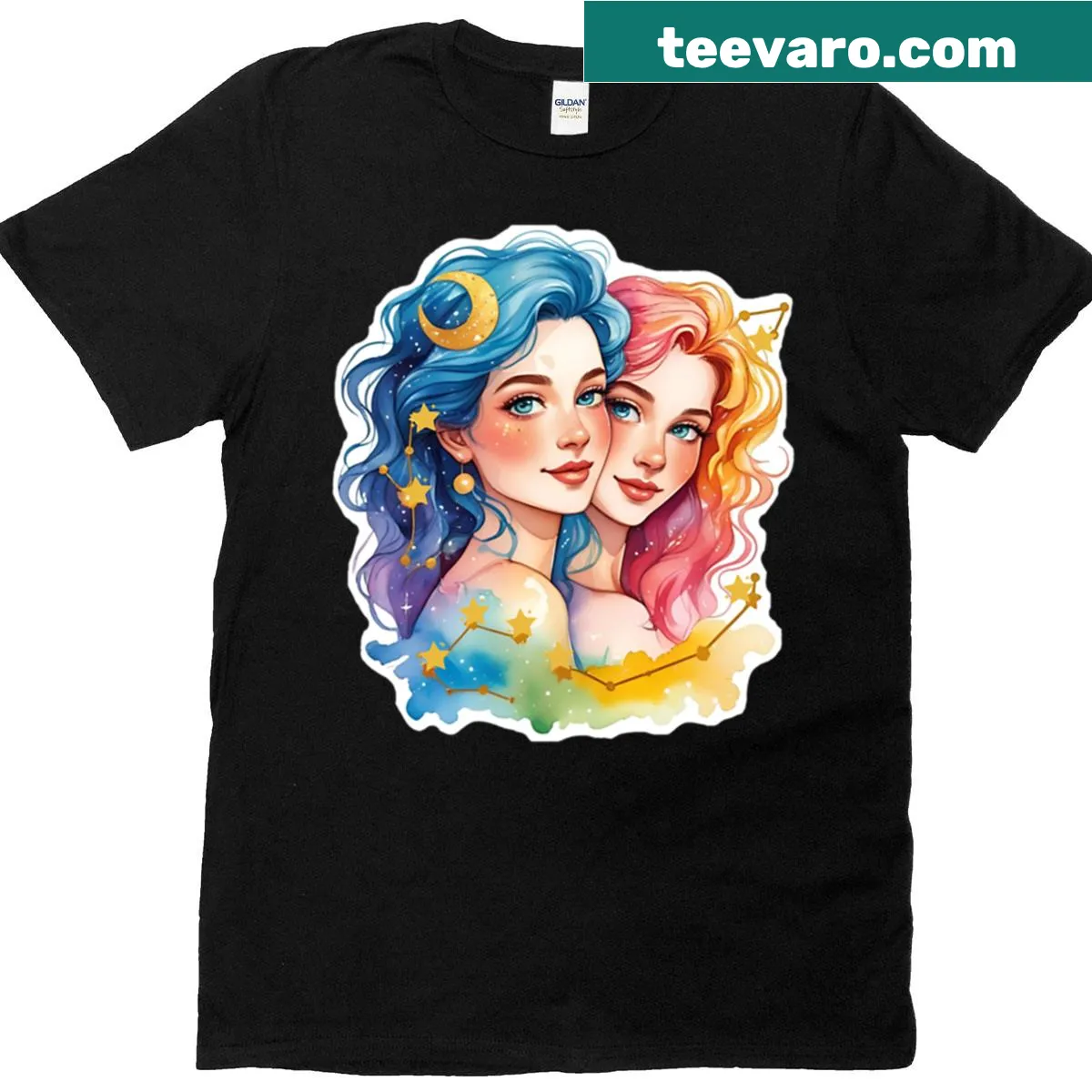 Zodiac symbol for Gemini twins in a creative sticker style — on a men's t-shirt
