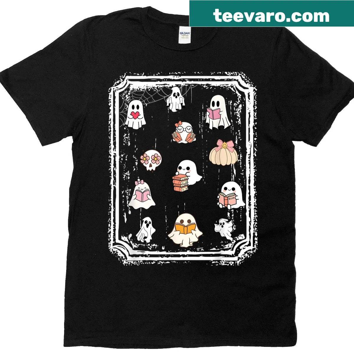 Vintage-inspired t-shirt with a ghost reading books for Halloween — on a men's t-shirt
