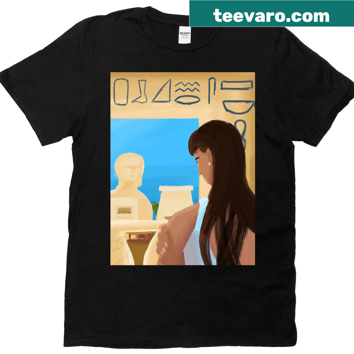 Illustrated girl on ancient Egyptian balcony t-shirt — on a men's t-shirt