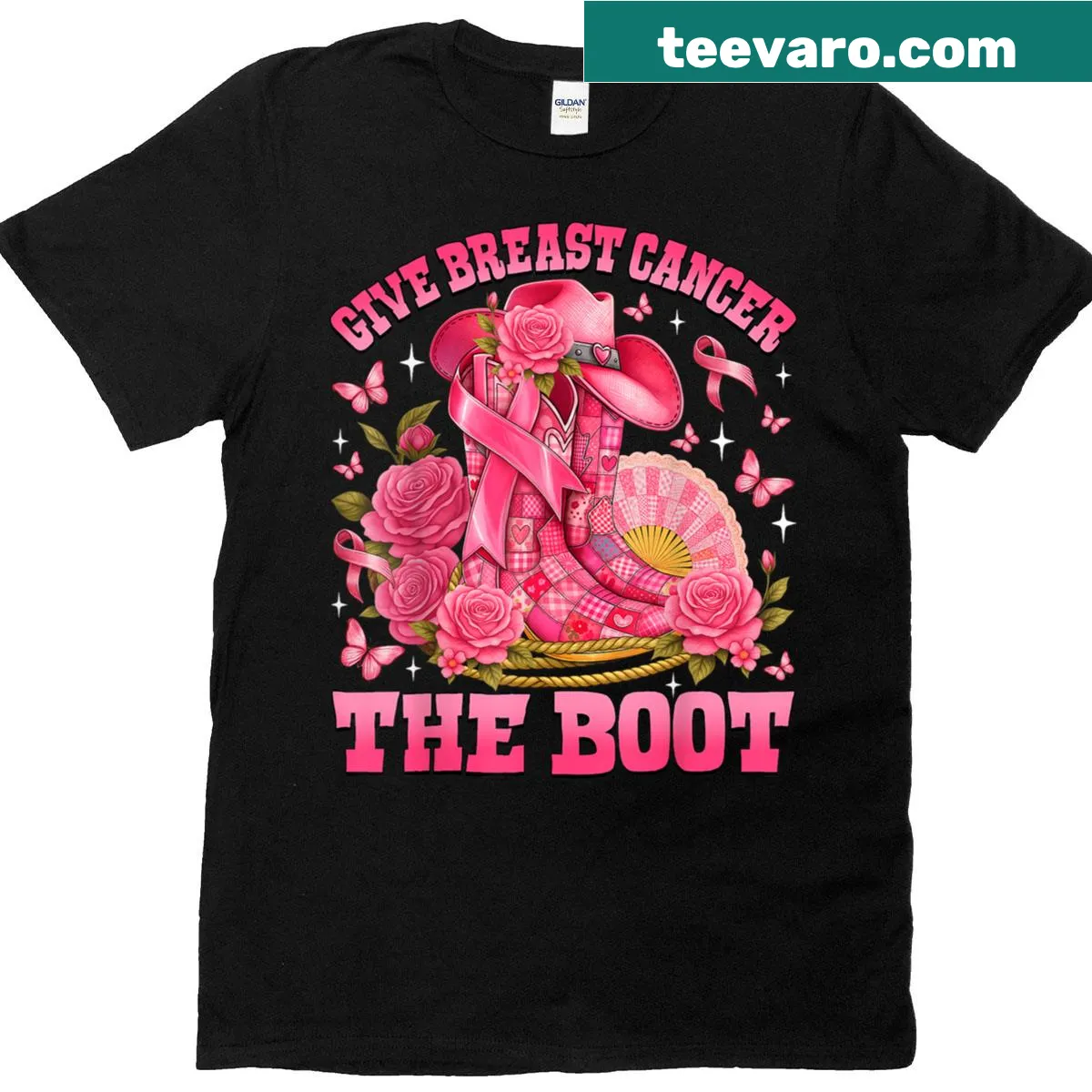Pink ribbon graphic T-shirt with cowgirl patchwork design — on a men's t-shirt