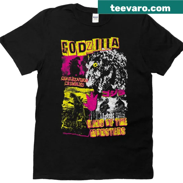 Retro T-shirt featuring a neon collage of Godzilla graphics