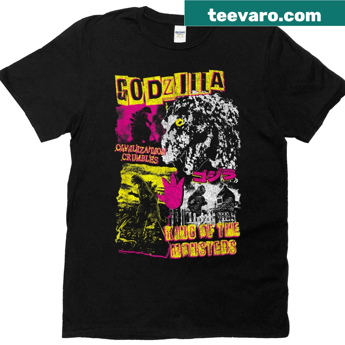 Retro T-shirt featuring a neon collage of Godzilla graphics — on a men's t-shirt