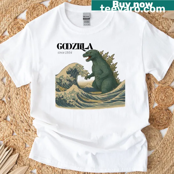 T-shirt featuring Godzilla in the Great Wave Off Kanagawa illustration.