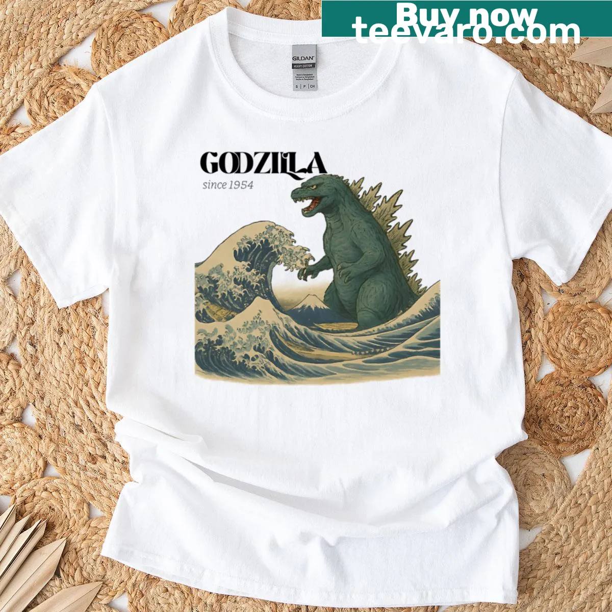 T-shirt featuring Godzilla in the Great Wave Off Kanagawa illustration. — on a men's t-shirt