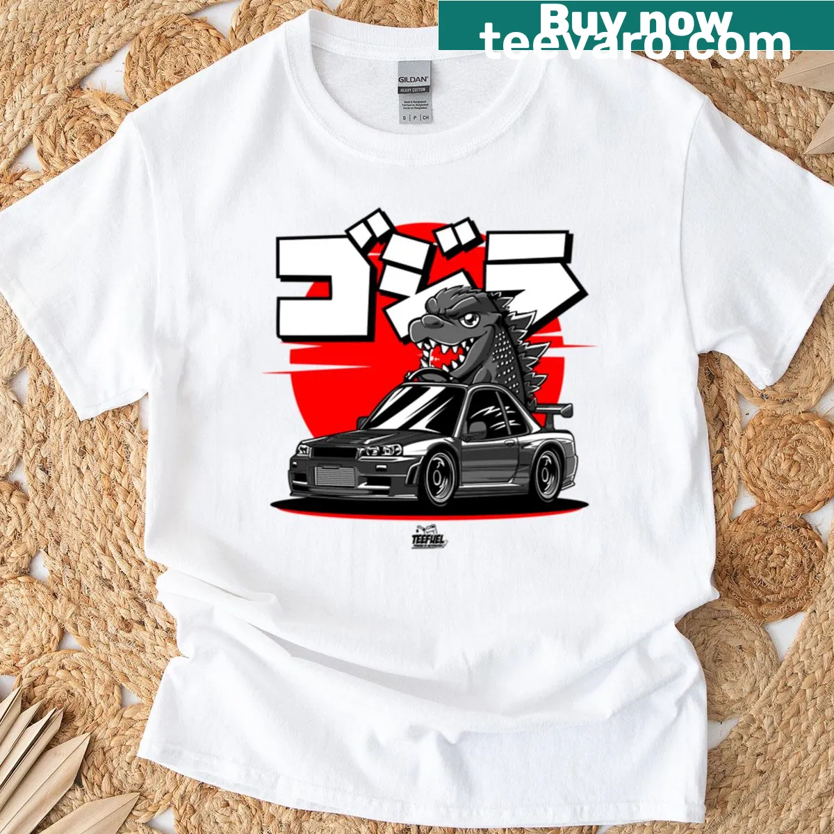Godzilla and Skyline R34 graphic t-shirt for car enthusiasts — on a men's t-shirt